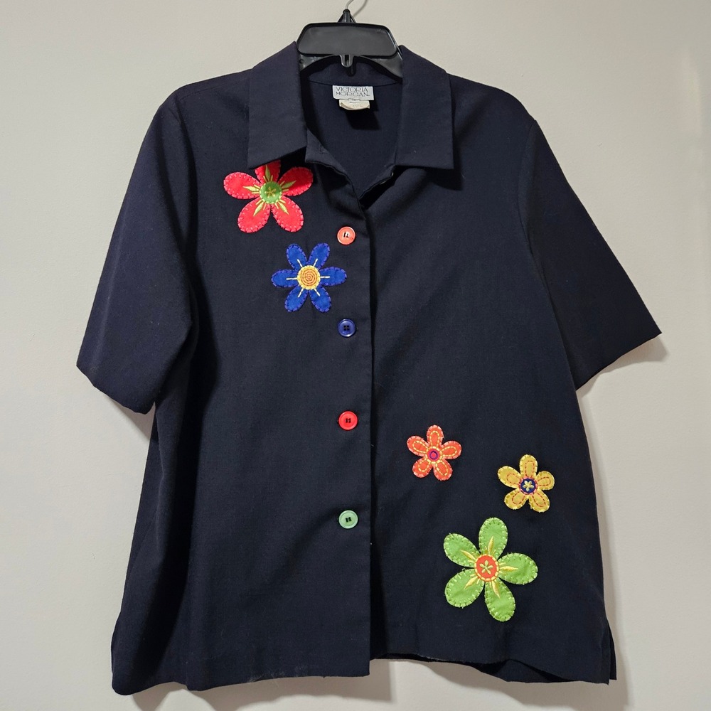 Victoria Morgan Womens Navy Blue Flower Applique Button Up Shirt Made in USA 18